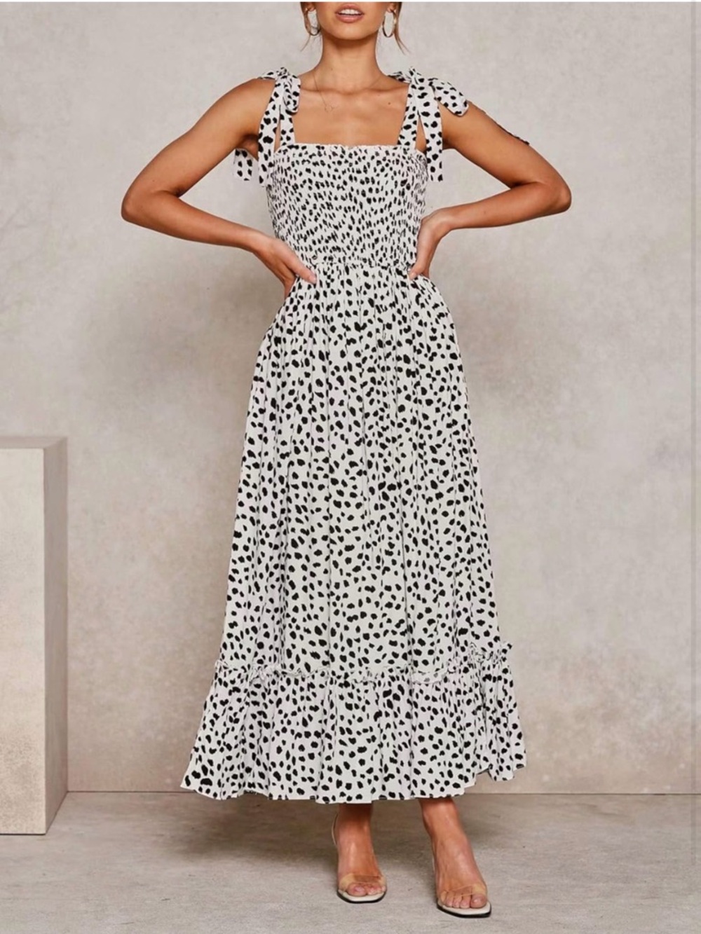 Smocked Tie-Strap Dalmatian Midi Dress - White/Black